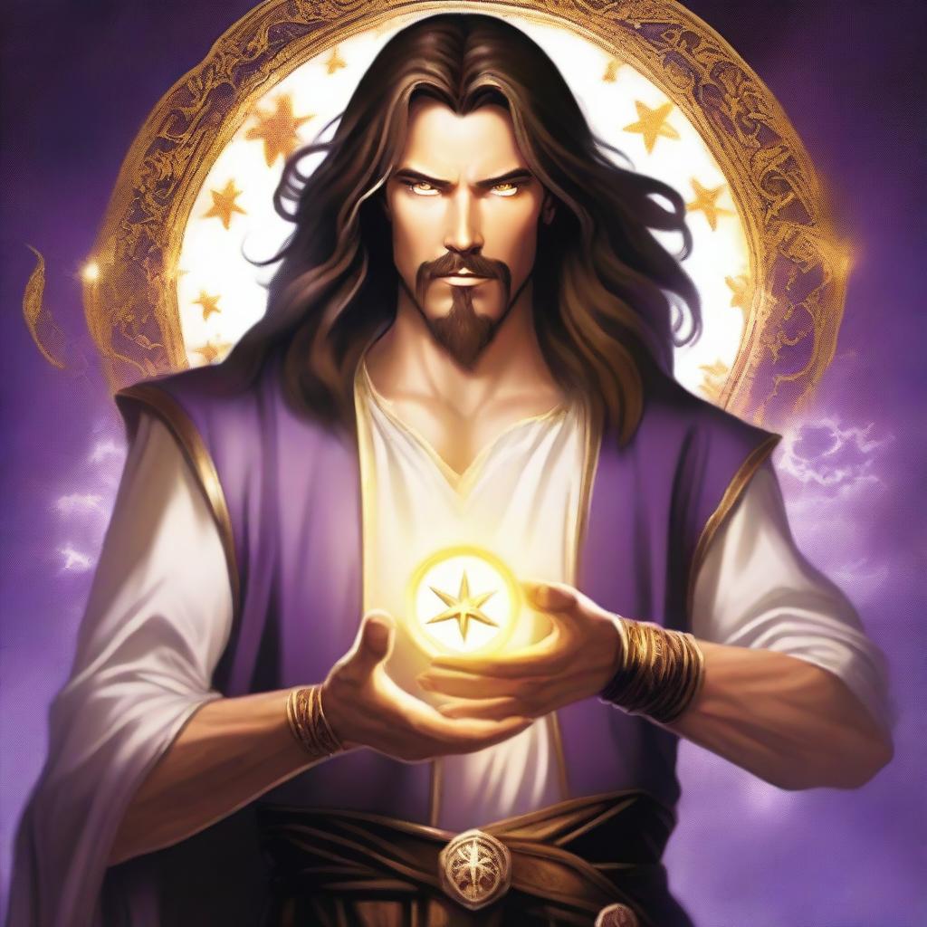 A white-skinned sorcerer with long brown hair and a thin brown goatee