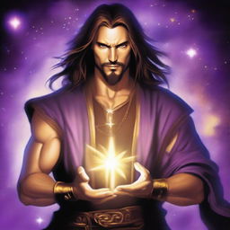 A white-skinned sorcerer with long brown hair and a thin brown goatee