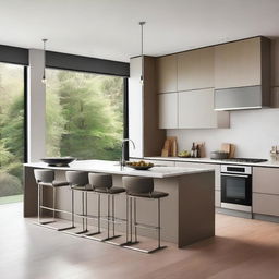 A modern kitchen design featuring sleek cabinets, a large island with bar stools, state-of-the-art appliances, and ample natural light