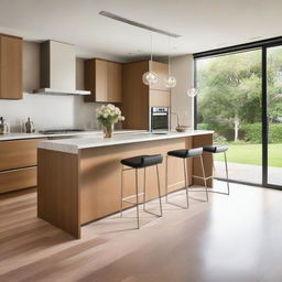 A modern kitchen design featuring sleek cabinets, a large island with bar stools, state-of-the-art appliances, and ample natural light