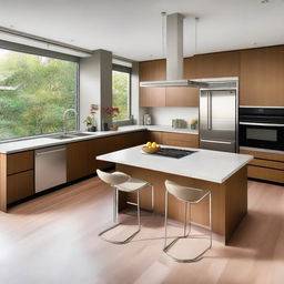 A modern kitchen design featuring sleek cabinets, a large island with bar stools, state-of-the-art appliances, and ample natural light