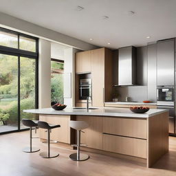 A modern kitchen design featuring sleek cabinets, a large island with bar stools, state-of-the-art appliances, and ample natural light