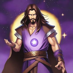 A white-skinned sorcerer with long brown hair and a thin brown goatee, wearing a brown and white sleeveless tunic and a black leather belt