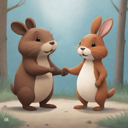 A heartwarming cartoon illustration of a beaver and a bunny holding hands, symbolizing their strong bond of friendship. Their expressions are joyous and content, crafting a poignant and beautiful moment.