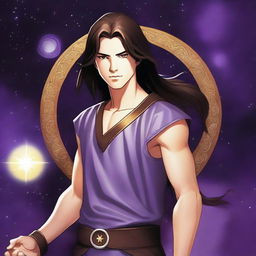 A white-skinned teen sorcerer with long brown hair and a thin brown goatee, wearing a brown and white sleeveless tunic and a black leather belt