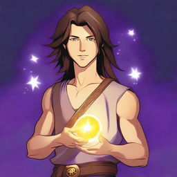 A white-skinned teen sorcerer with long brown hair and a thin brown goatee, wearing a brown and white sleeveless tunic and a black leather belt