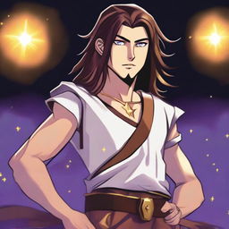 A white-skinned teen sorcerer with long brown hair and a thin brown goatee, wearing a brown and white sleeveless tunic and a black leather belt