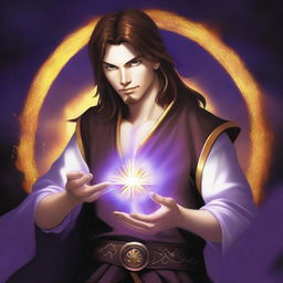 A white-skinned teen sorcerer with long brown hair and a thin brown goatee