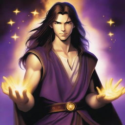 A white-skinned teen sorcerer with long brown hair and a thin brown goatee