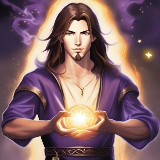 A white-skinned teen sorcerer with long brown hair and a thin brown goatee