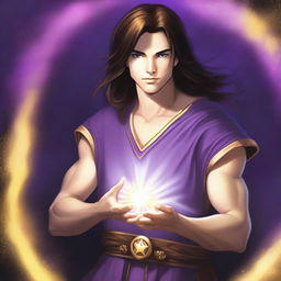 A white-skinned teen sorcerer with long brown hair and a thin brown goatee