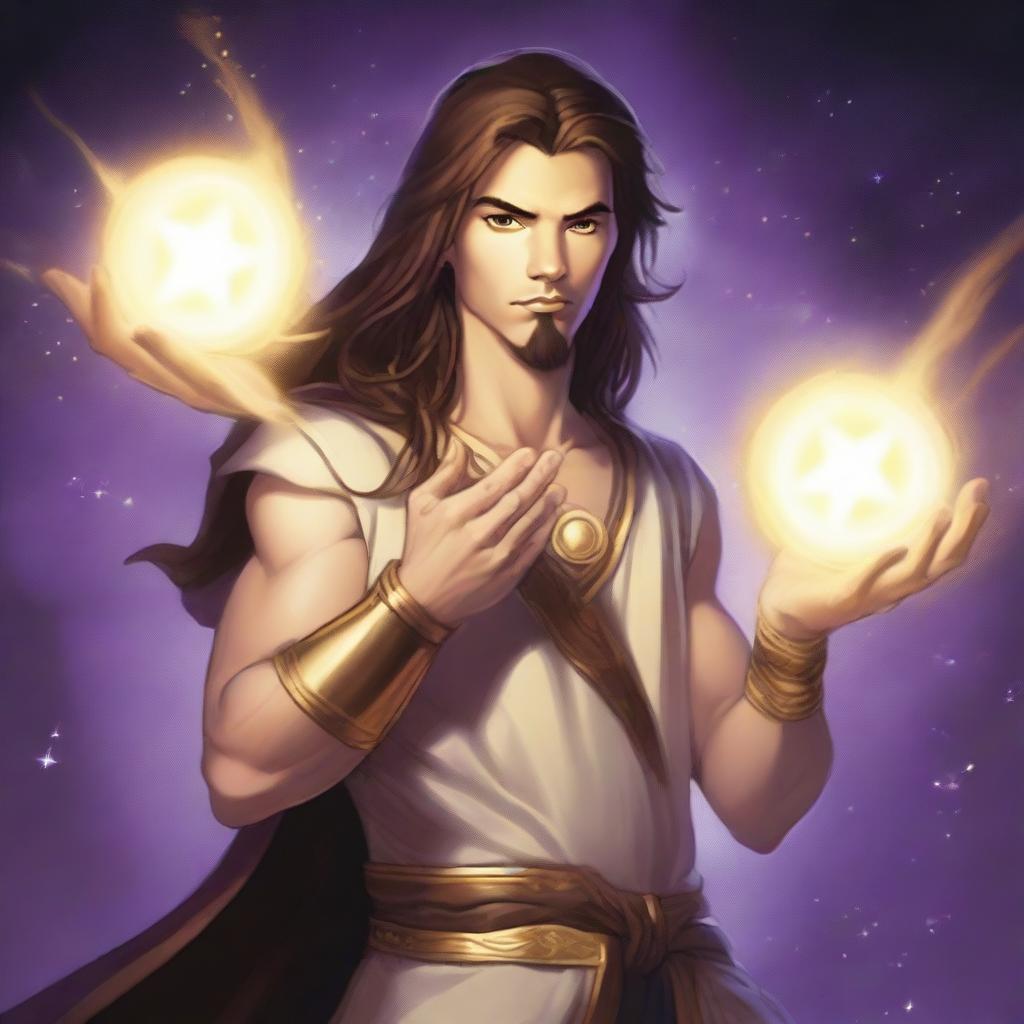 A white-skinned teen sorcerer with long brown hair and a thin goatee