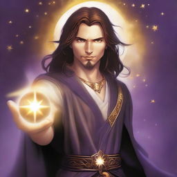 A white-skinned teen sorcerer with long brown hair and a thin goatee