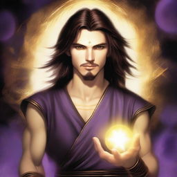 A white-skinned teen sorcerer with long brown hair and a thin goatee