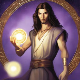 A white-skinned teen sorcerer with long brown hair and a thin goatee