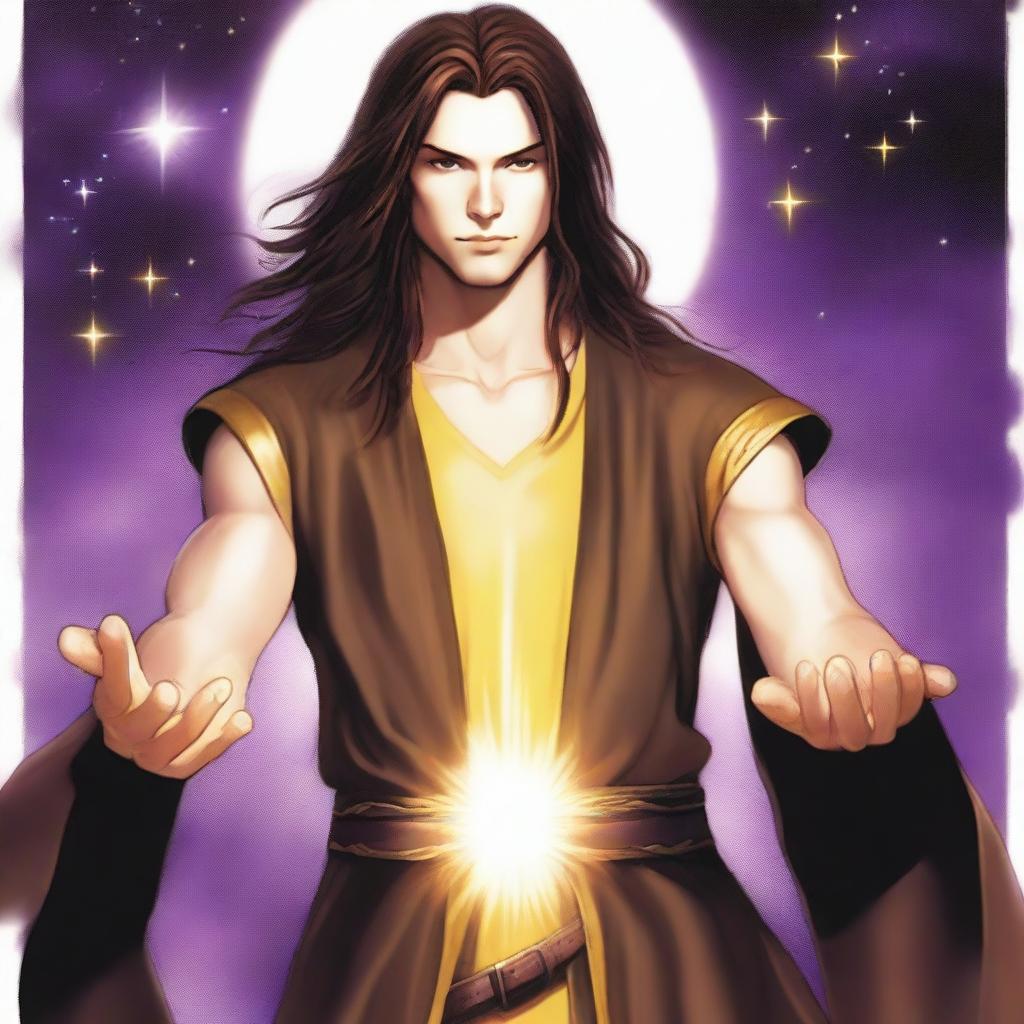 A white-skinned teen sorcerer with long brown hair and a thin brown beard