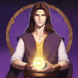 A white-skinned teen sorcerer with long brown hair and a thin brown beard