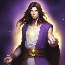 A white-skinned teen sorcerer with long brown hair and a thin brown beard