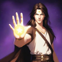 A white-skinned teen sorcerer with long brown hair and a thin brown beard