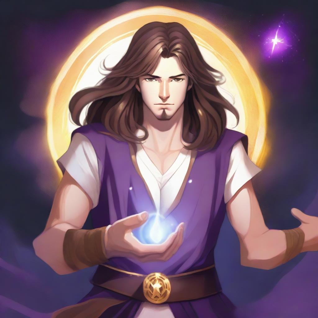 A white-skinned teen sorcerer with long brown hair and a thin brown beard