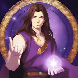 A white-skinned teen sorcerer with long brown hair and a thin brown beard