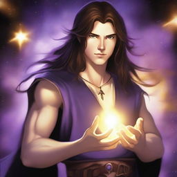 A white-skinned teen sorcerer with long brown hair and a thin brown beard