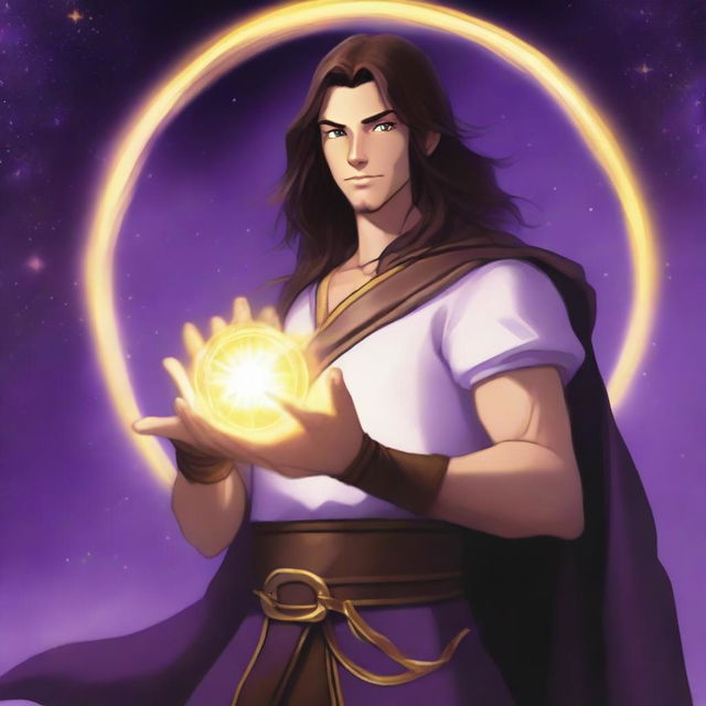 A white-skinned teen sorcerer with long brown hair and a thin brown beard