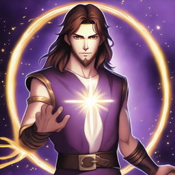 A white-skinned teen sorcerer with long brown hair, violet eyes, and a thin brown beard