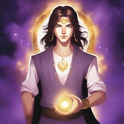 A white-skinned teen sorcerer with long brown hair, violet eyes, and a thin brown beard