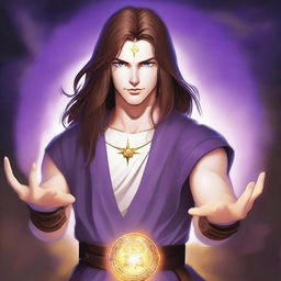 A white-skinned teen sorcerer with long brown hair, violet eyes, and a thin brown beard