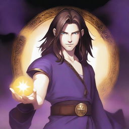 A white-skinned teenage sorcerer with long brown hair, violet eyes, and a thin brown beard