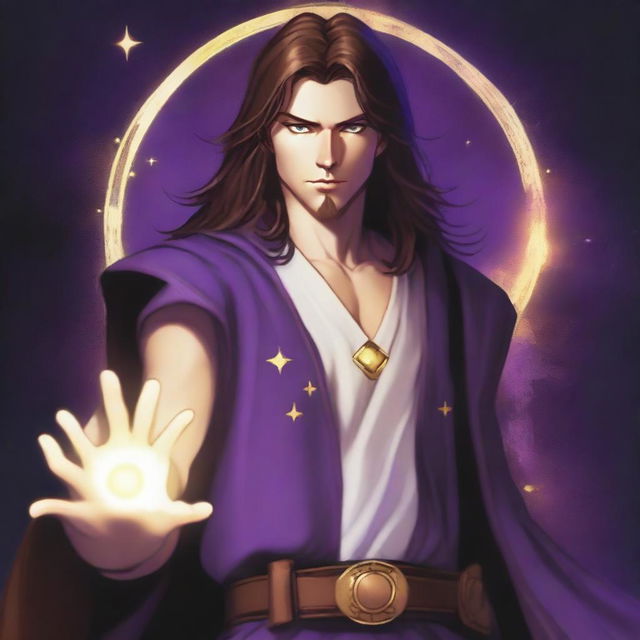 A white-skinned teenage sorcerer with long brown hair, violet eyes, and a thin brown beard