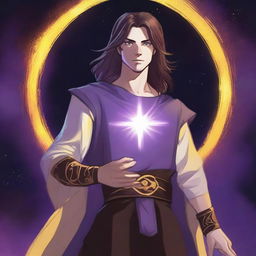 A white-skinned teenage sorcerer with long brown hair, violet eyes, and a thin brown beard