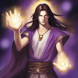 A white-skinned teenage sorcerer with long brown hair, violet eyes, and a thin brown beard