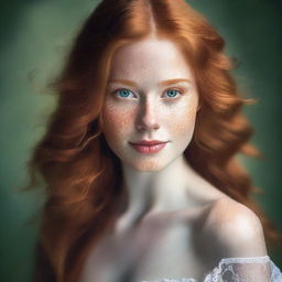 A stunning young woman with long ginger hair cascading down her shoulders, sparkling green eyes, and white skin adorned with freckles