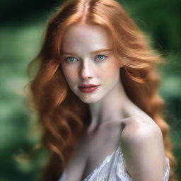 A stunning young woman with long ginger hair cascading down her shoulders, sparkling green eyes, and white skin adorned with freckles