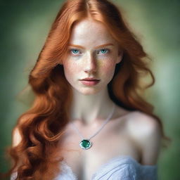 A stunning young woman with long ginger hair cascading down her shoulders, sparkling green eyes, and white skin adorned with freckles