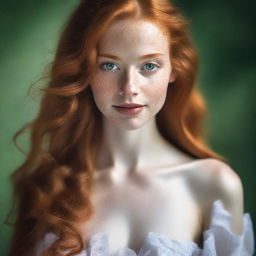 A stunning young woman with long ginger hair cascading down her shoulders, sparkling green eyes, and white skin adorned with freckles