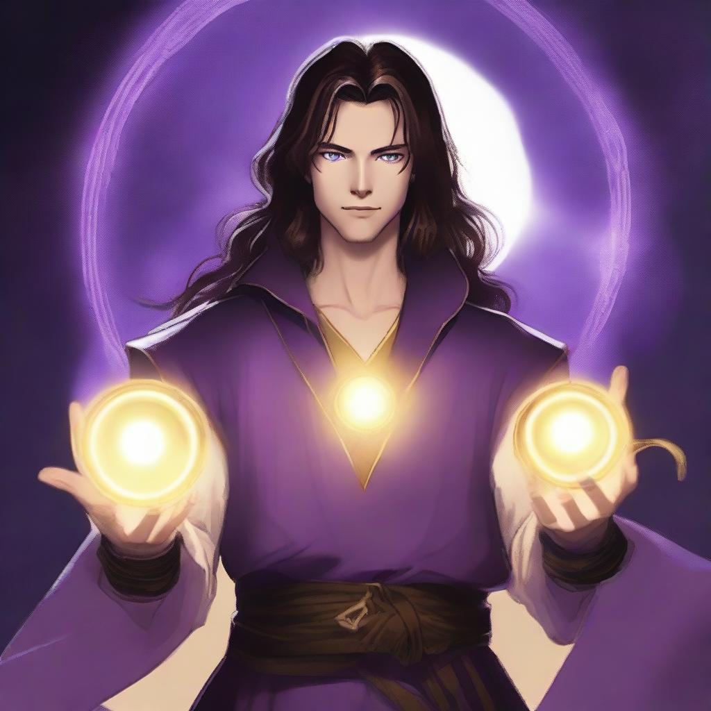 A white-skinned teenage sorcerer with long brown hair, violet eyes, and a thin brown beard