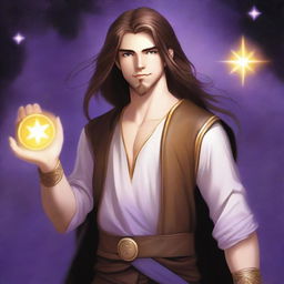 A white-skinned teenage sorcerer with long brown hair, violet eyes, and a thin brown beard