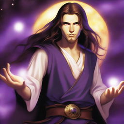 A white-skinned teenage sorcerer with long brown hair, violet eyes, and a thin brown beard