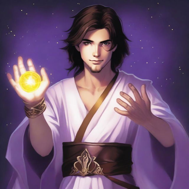 A white-skinned teenage sorcerer with long brown hair, violet eyes, and a thin brown beard