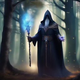 A dark elf male bladesinger wizard standing in a mystical forest