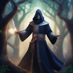 A dark elf male bladesinger wizard standing in a mystical forest