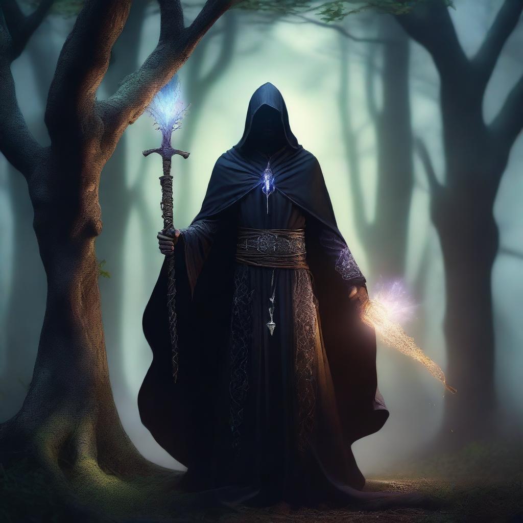 A dark elf male bladesinger wizard standing in a mystical forest