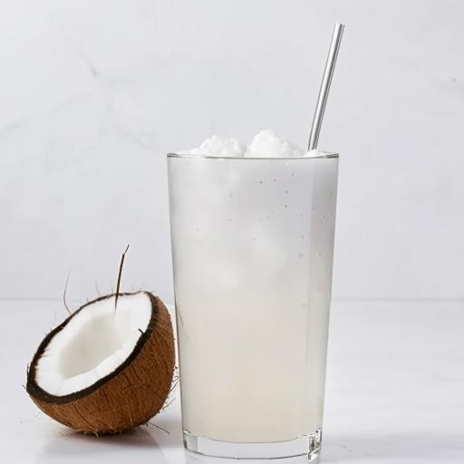 A tall glass filled with cloudy, pulp-rich coconut water, with a straw sticking out and a wedge of coconut on the side.