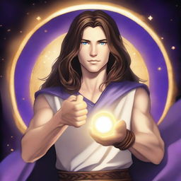 A teen sorcerer with long brown hair, violet eyes, and a thin brown beard