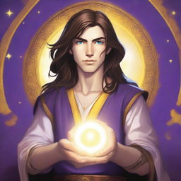 A teen sorcerer with long brown hair, violet eyes, and a thin brown beard