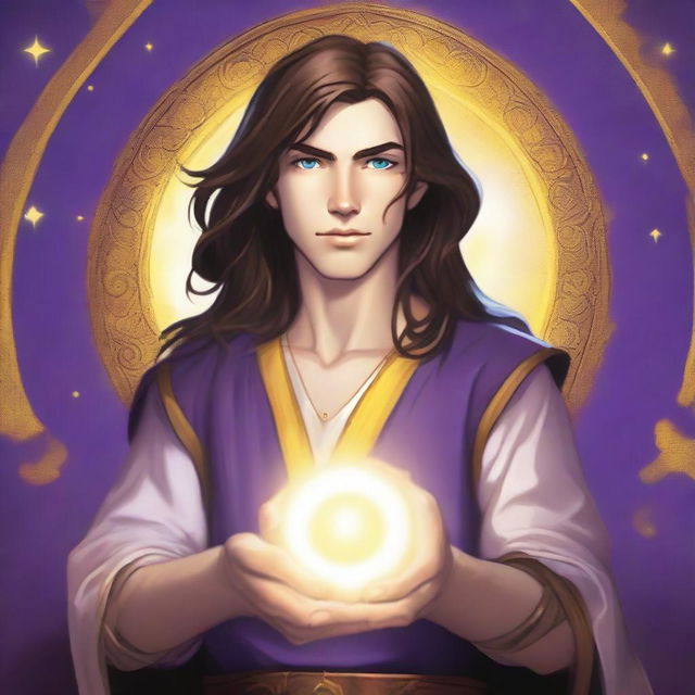 A teen sorcerer with long brown hair, violet eyes, and a thin brown beard