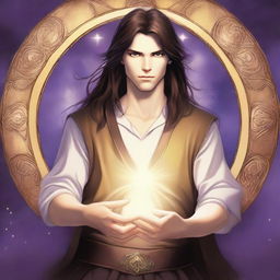 A teen sorcerer with long brown hair, violet eyes, and a thin brown beard